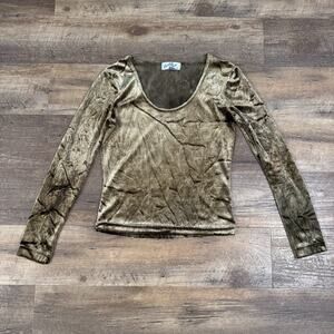 Vintage 90s Betty Blue Crushed Burnout Velour Top Scoop Neck Gold Mushroom Glam